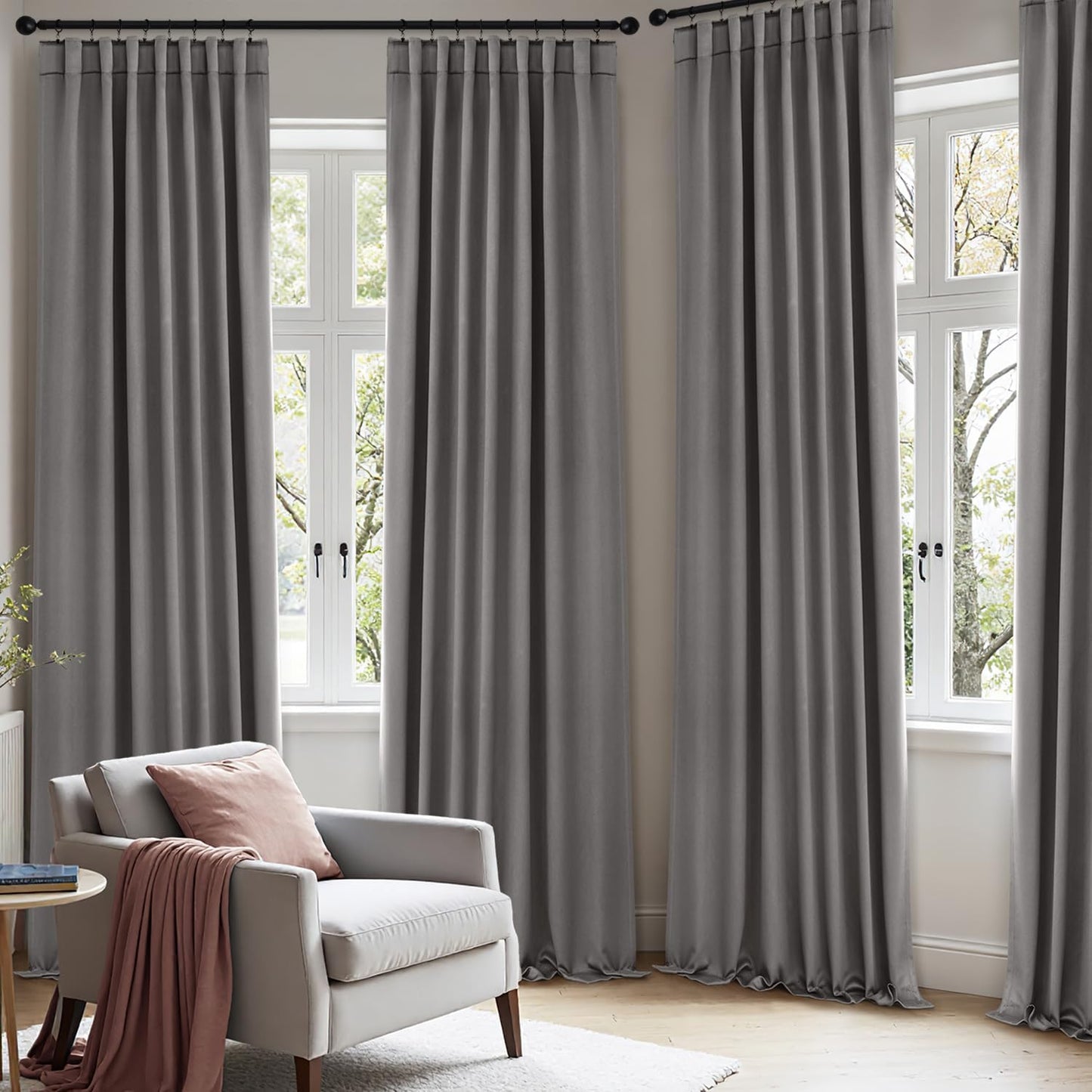 ANRODUO Back Tab Blackout Curtains for Bedroom Living Room, Rod Pocket Pinch Pleated Thermal Insulated Room Darkening Curtains 94 Inches Long 2 Panels, Grey, 42 x 94 Inch