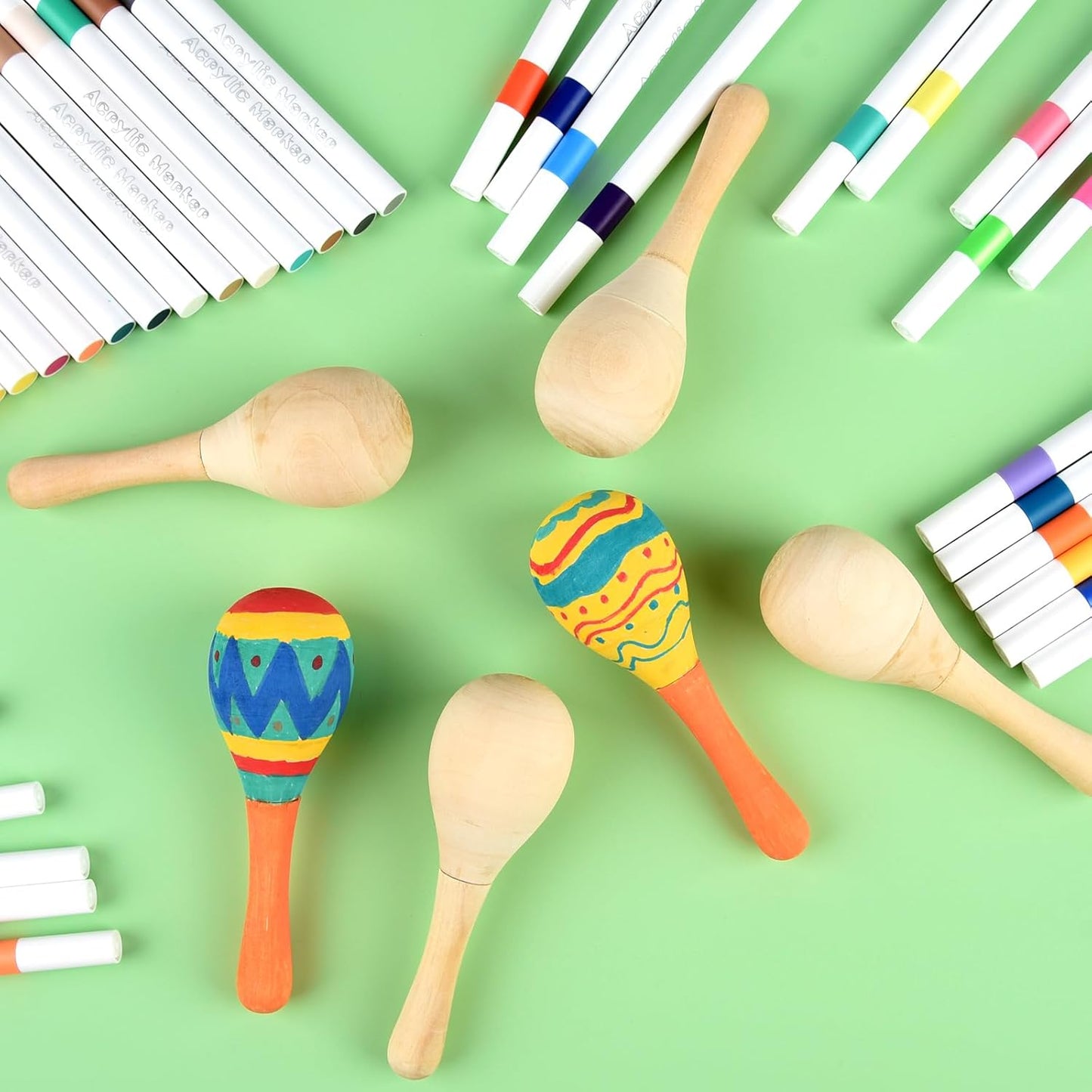 NEBURORA 12Pcs DIY Mini Unfinished Wooden Maracas with 12Pcs Multicolor Pens Fiesta Mexican Maracas Favors Cinco De Mayo Party Supplies Decorations