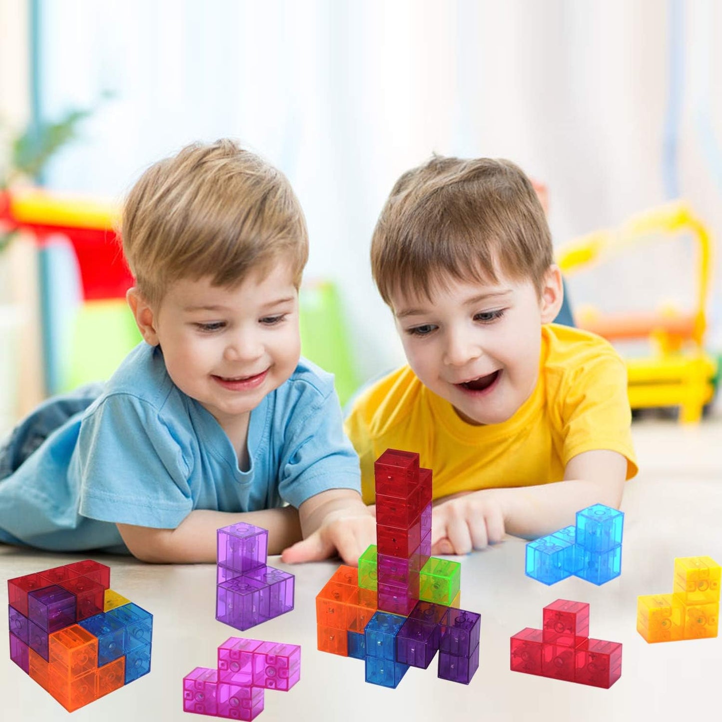 WorWoder Kids Magnetic Building Blocks Magic Magnetic 3D Puzzle Cubes, Set of 7 Multi Shapes Magnetic Blocks with 54 Guide Cards, Intelligence Developing and Stress Relief Fidget Toys for Kids (Blue)