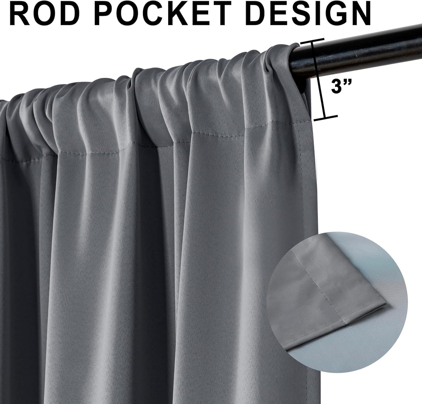 XWZO Full Blackout Curtains 63 Inches Long with Tiebacks- Heat and Light Blocking Rod Pocket Window Drapes with Black Liner Backing for Bedroom/Kid's Room, Dark Grey, W42 x L63, Set of 2 Panels
