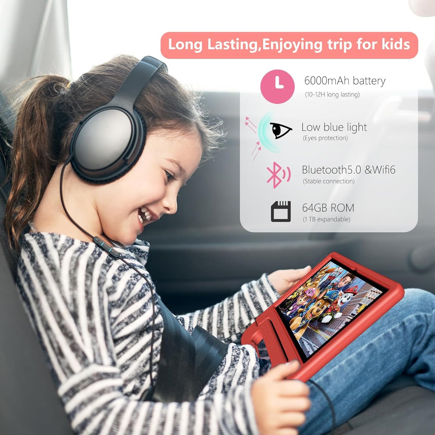 Tablet for Kids Age 3-12 10.1 inch Android 14 6000mAh 8GB RAM+64GB ROM(Expandable to 1TB Kids Tablet WiFi6 Google Kids Space Parental Control 1280 * 800 HD Screen - Red