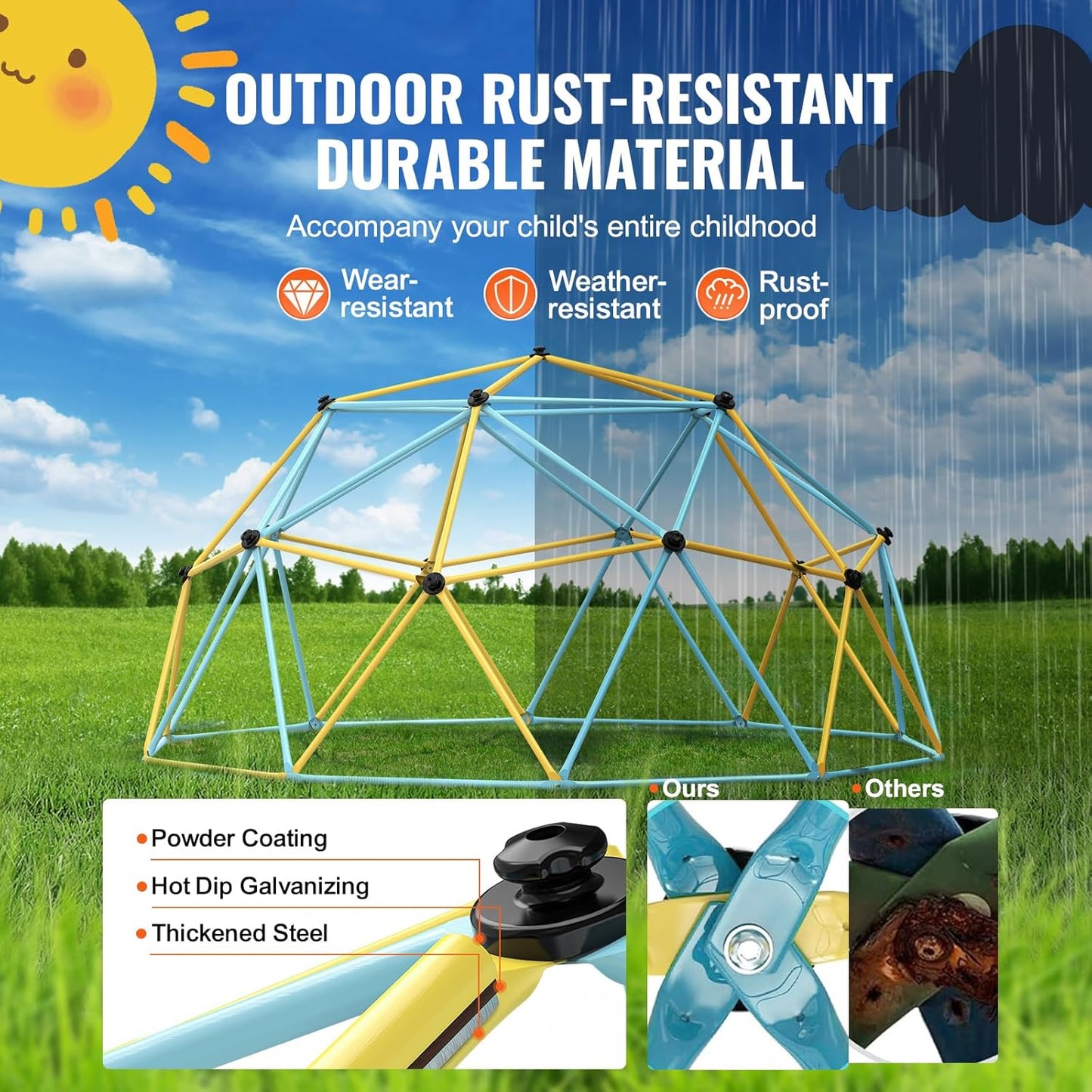 VEVOR Climbing Dome, 10FT Geometric Dome Climber Play Center for Kids 3 to 10 Years Old, Jungle Gym Supports 750LBS and Easy Assembly, with Climbing Grip, Outdoor Backyard Play Equipment for Kids