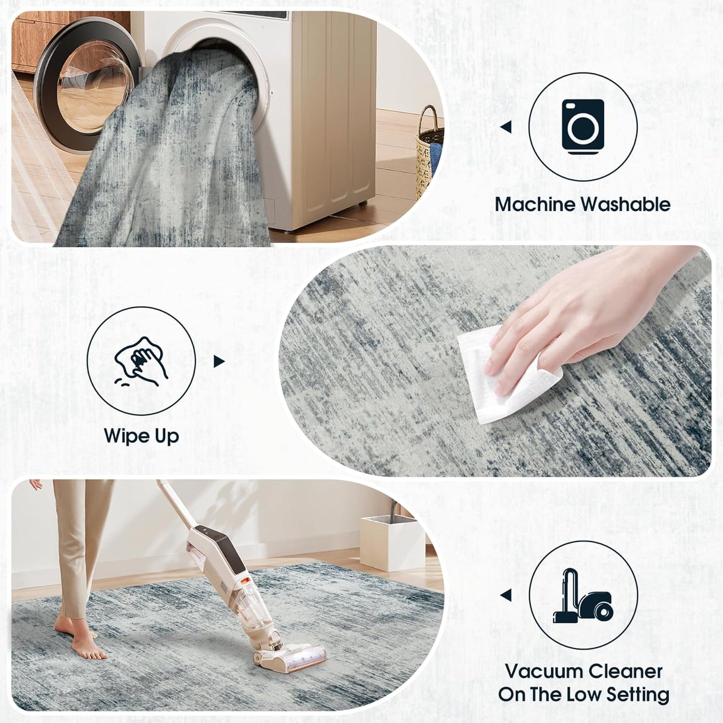 Area Rug 9x12 Washable Rugs: Abstract Large Living Room Rugs with Non-Slip Backing, Stain Resistant Indoor Floor Carpet for Bedroom Dining Room Table Nursery Hallway Home Office-Blue/Ivory