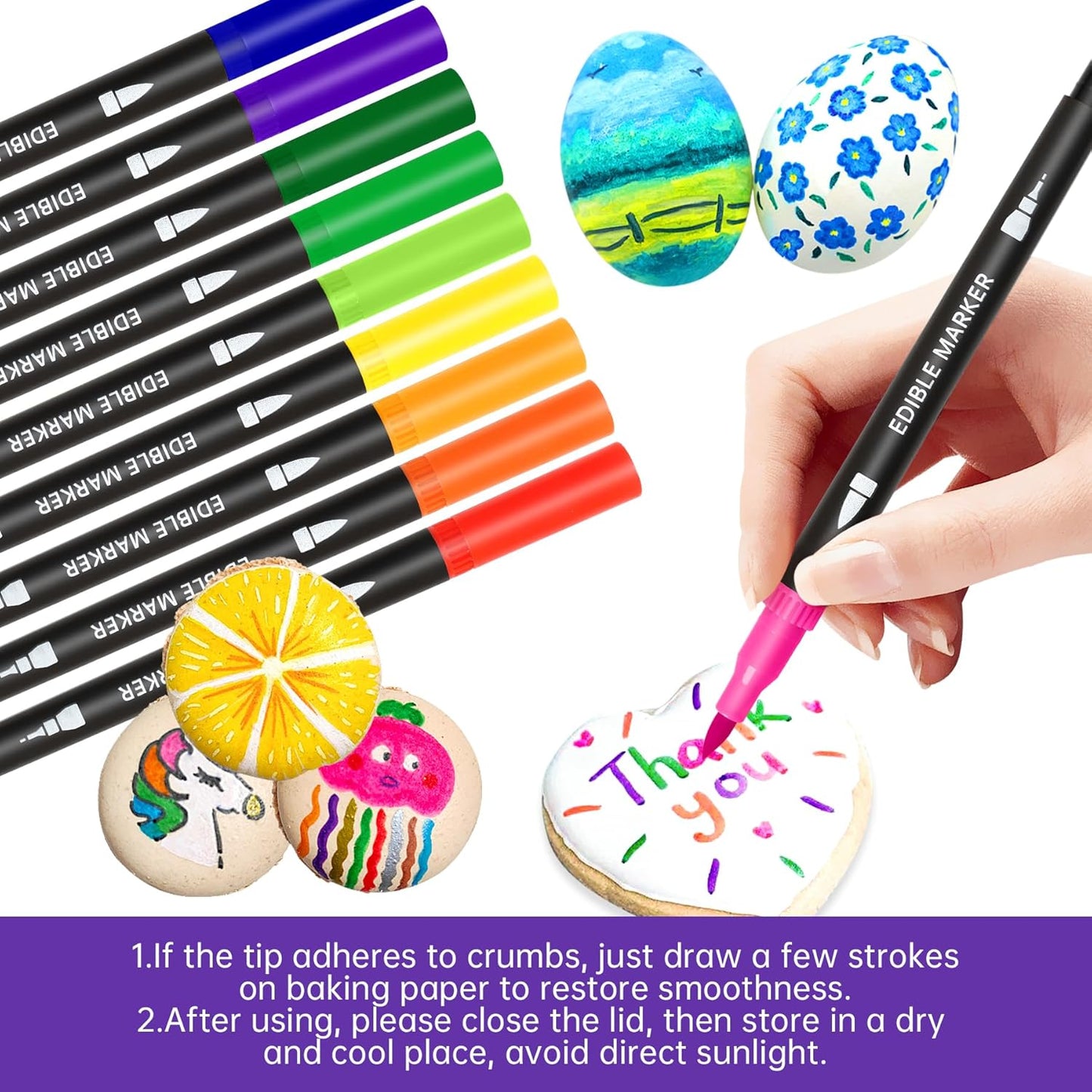 Edible Markers, 14 pcs Colorful Food Coloring Pens for Decorating Cookies, Fondant, Gum paste, Icing, Macarons, DIY Easter Eggs, Marshmallows, Fruits.