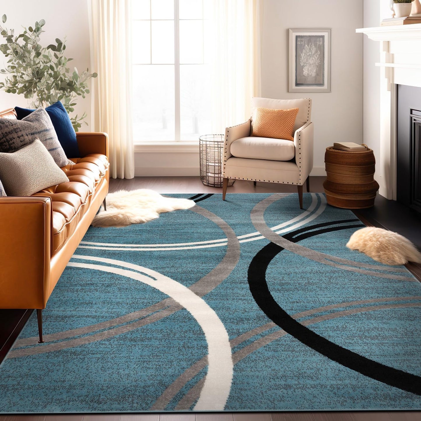 Rugshop Modern Wavy Circles Design Area Rug 12' x 15' Blue
