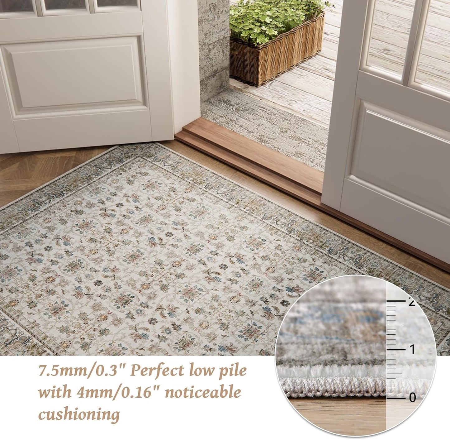 Washable 8x10 Area Rugs for Living Room, Boho Non-Slip Silicone Backing Rugs for Bedroom Dining Room Nursery Office, 0.3" Neutral Oriental Throw Carpet with 0.16" Cushioning Pad, Cream/Multi