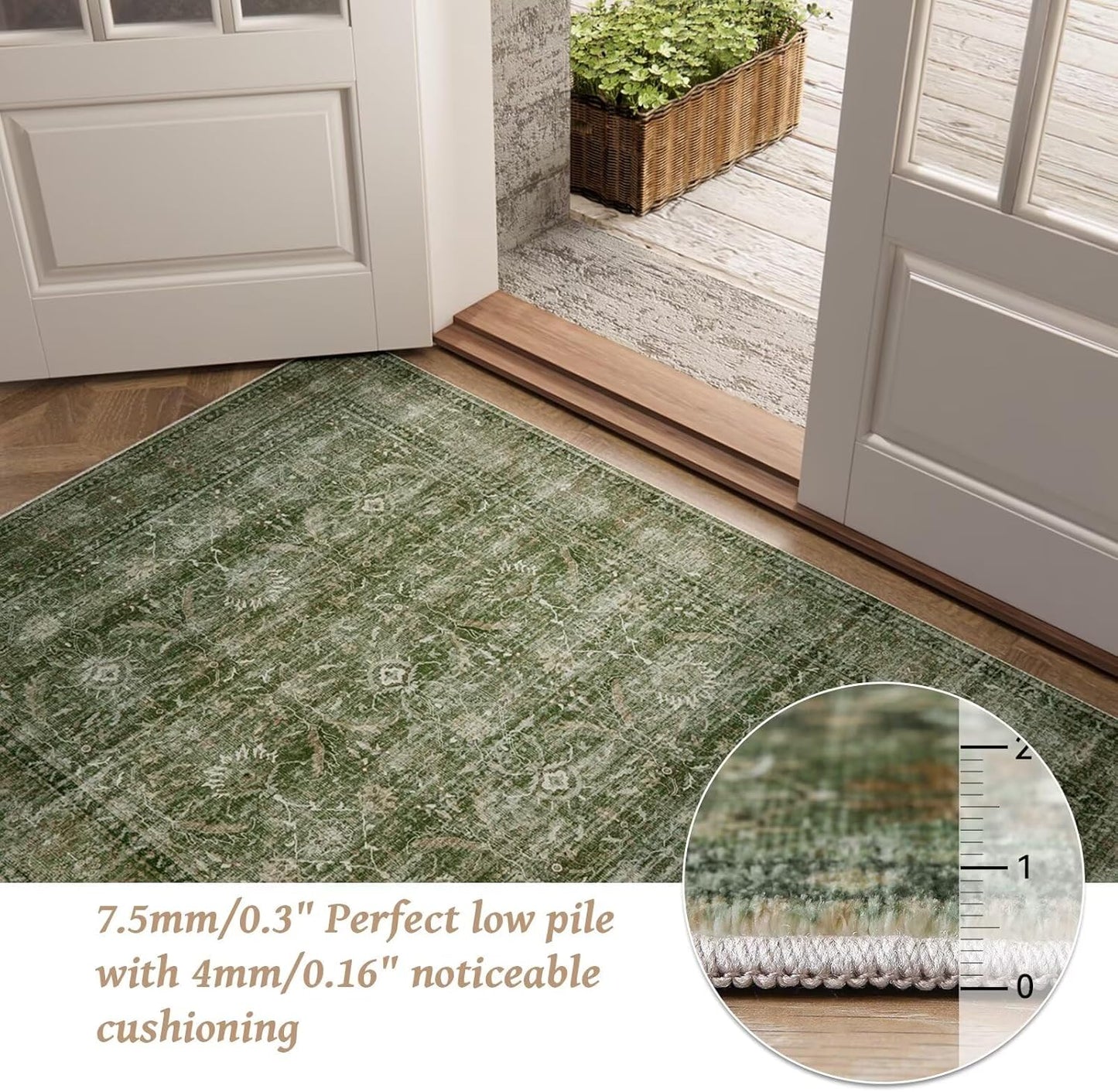 Washable 9x12 Area Rugs for Living Room, Boho Non-Slip Silicone Backing Rugs for Bedroom Dining Room Nursery Office, 0.3" Neutral Oriental Throw Carpet with 0.16" Cushioning Pad, Grass Green/Multi