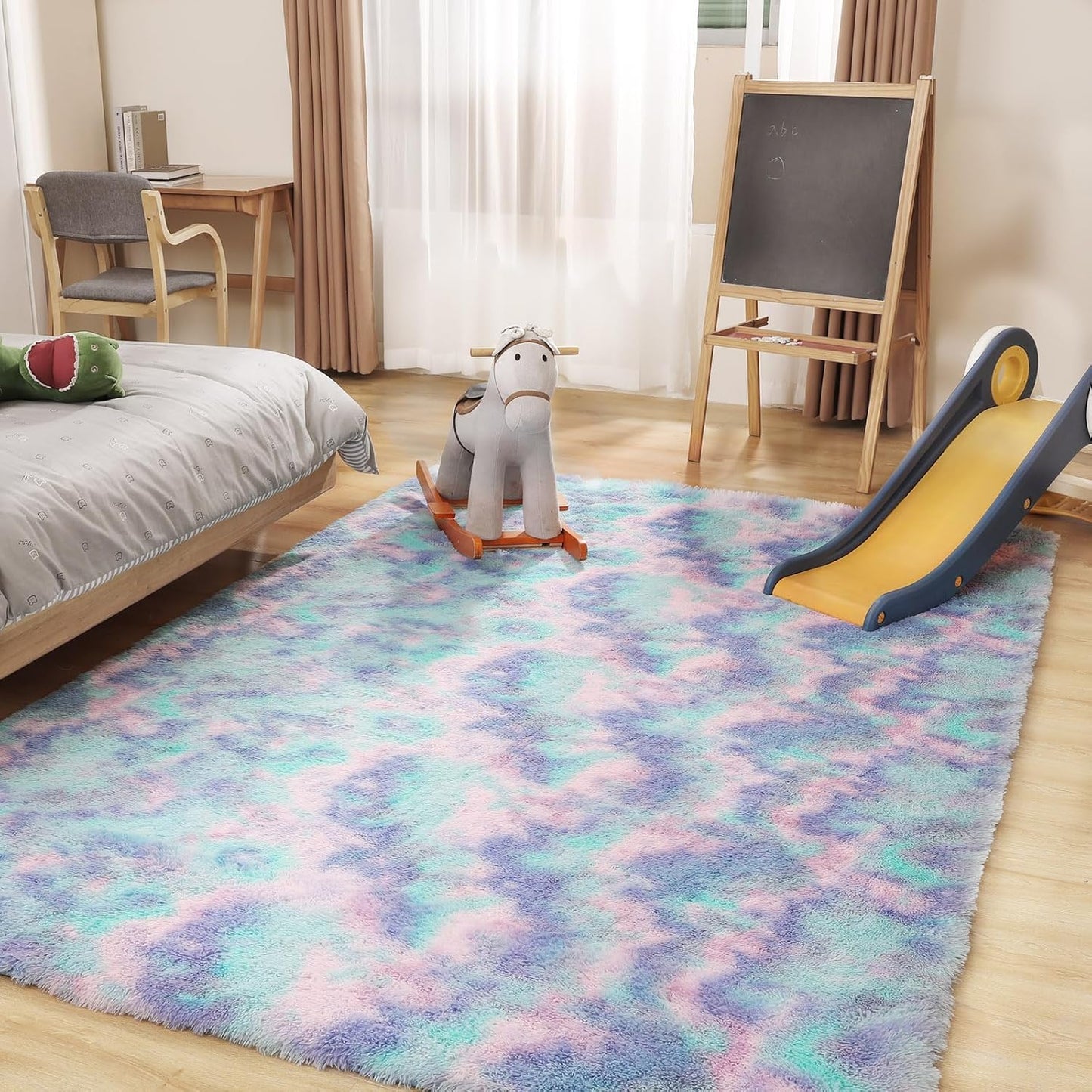 Rainbow Rug for Girls Room, 5x7 Fluffy Area Rugs for Bedroom, Colorful Kids Rug Cute Anti-Skid Indoor Carpet for Nursery, Living Room, Playroom, Home Decor