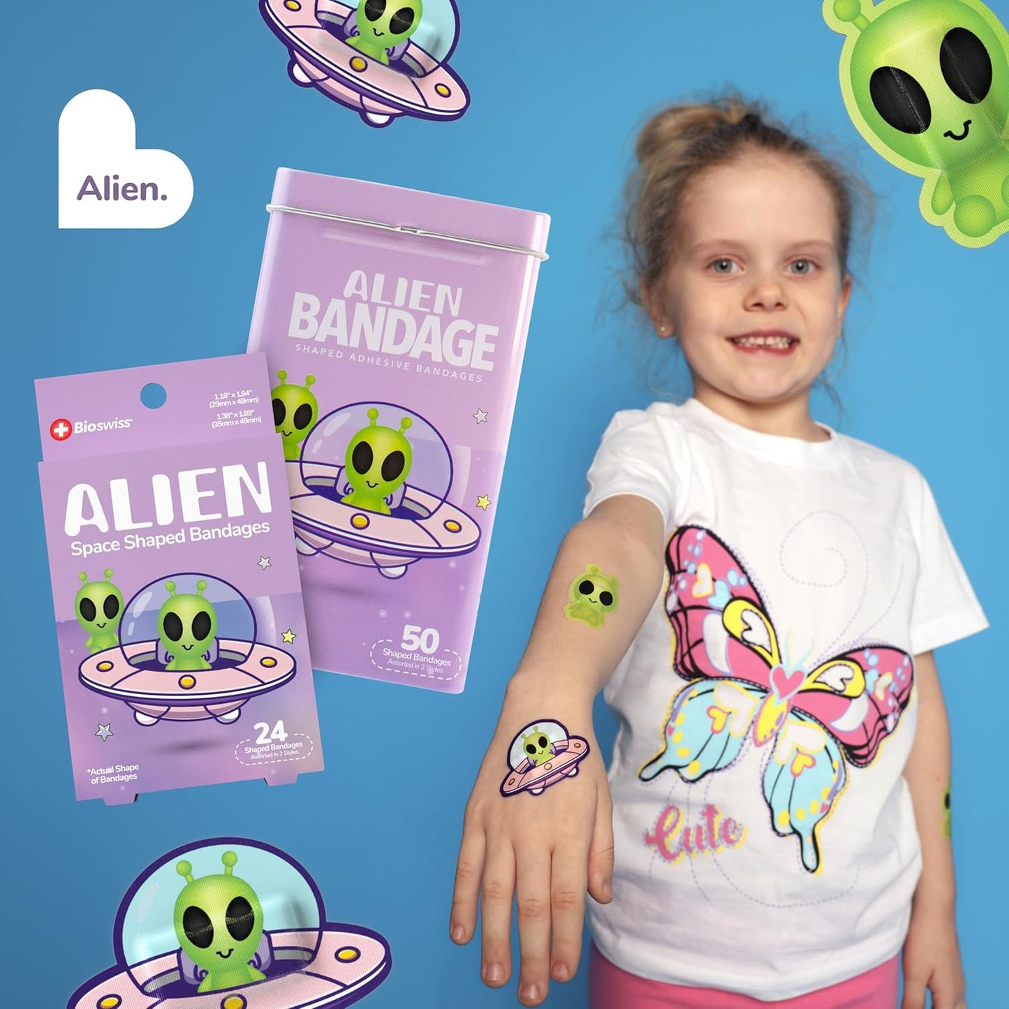 BioSwiss Bandages, Halloween Alien Shaped Self Adhesive Bandage, Latex Free Sterile Wound Care, Fun First Aid Kit Supplies for Kids, 24 Count