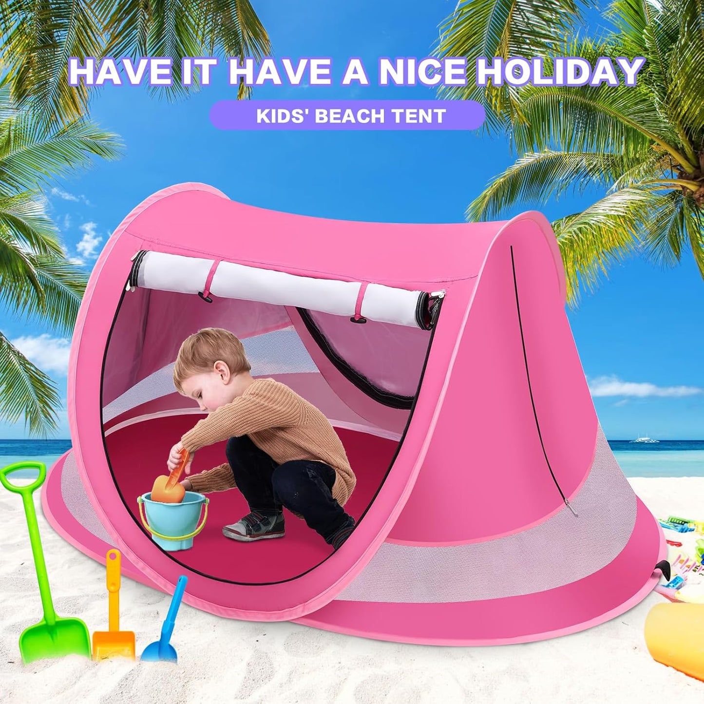 Baby Beach Tent with Baby Hat, Pop Up Toddler Travel Bed with Sun Hat for Boys or Girls, Sun Shade for Toddler Camping, Infant Portable Sun Shade, Summer Beach Baby