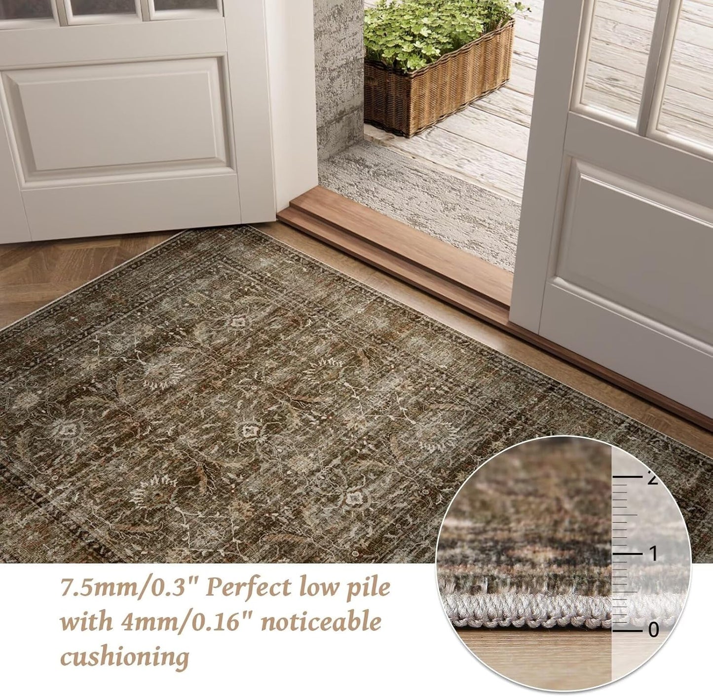 Washable 8x10 Area Rugs for Living Room, Boho Non-Slip Silicone Backing Rugs for Bedroom Dining Room Nursery Office, 0.3" Neutral Oriental Throw Carpet with 0.16" Cushioning Pad, Deep Brown/Multi