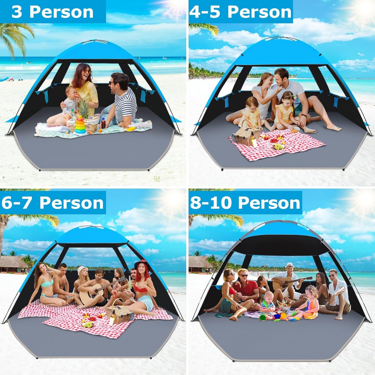 Gorich Beach Tent Sun Shelter for 3/4-5/6-7/8-10 Person with UPF 50+ UV Protection, Lightweight & Easy Setup Beach Shade Canopy, Portable Beach Shade Tent Beach Cabana