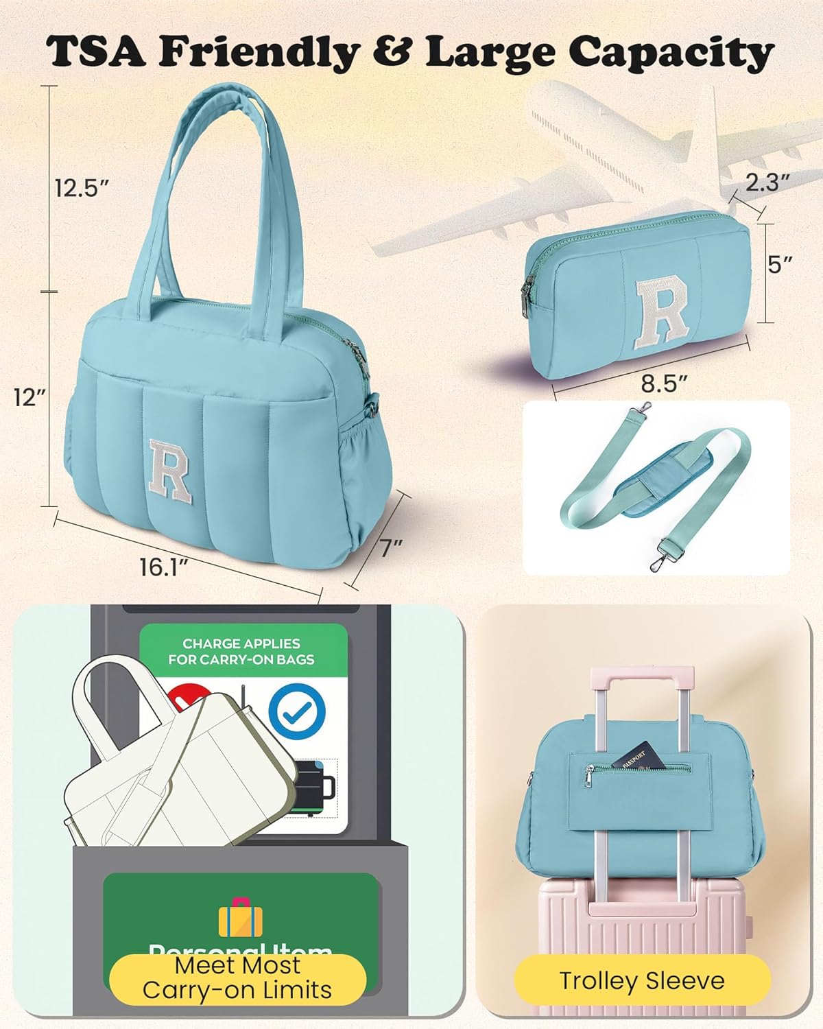 Duffle Bag, Weekender Bags for Girl,Initial Overnight Bag with Wet Pocket,Lightweight Dance Bags Personalized Gymnastics bag with Makeup Pouch-Birthday Gifts for 10 11 12 13 Year Old Girls
