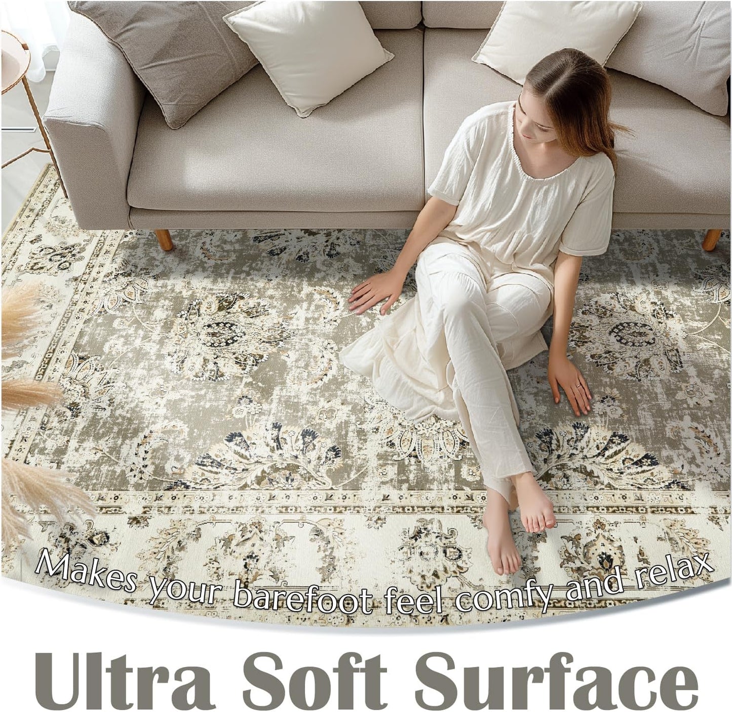 jinchan Hallway Runner Rug 3x10 Washable Runner - Vintage Floral Non Slip Low-Pile Soft Thin Faux Wool Kitchen Rug Distressed Carpet for Farmhouse Bedroom Laundry Room(3x10ft,Taupe)