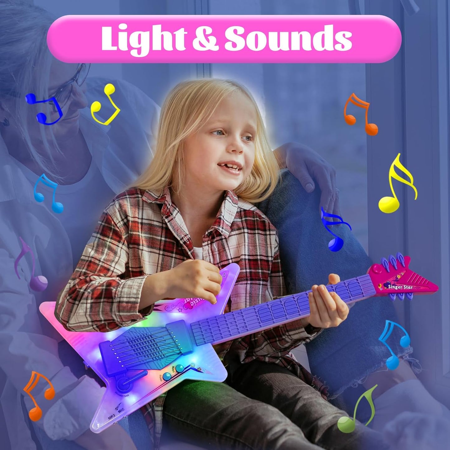 Guitar and Microphone Play Set with Glasses,Music Toys with Music&Light,Kids Karaoke Machine,Music Instruments for Toddlers,Girls,Perschool Educational Toys Gift for Children
