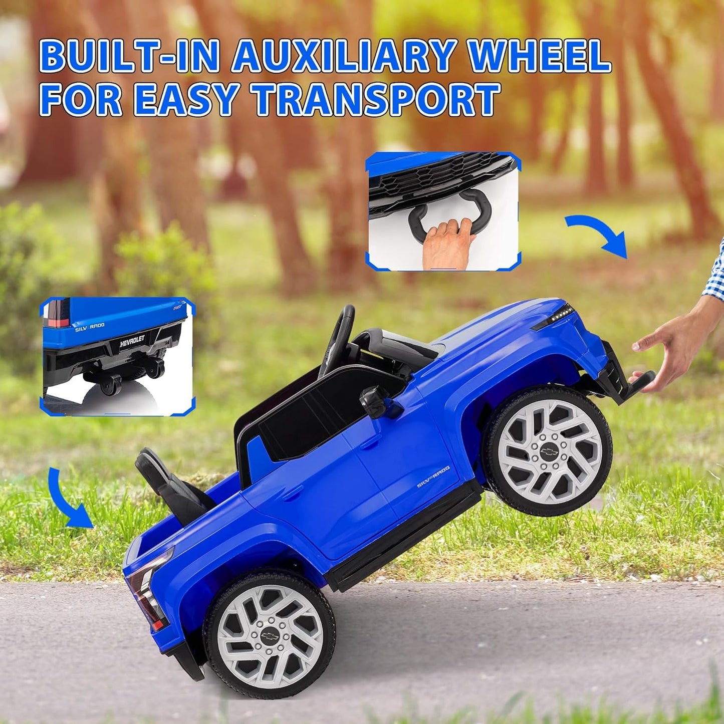 Qaba 12V Kids Ride on Truck, Chevrolet Silverado EV RST Licensed Electric Car with Parent Remote Control, Back Storage, Spring Suspension, Soft Start, Auxiliary Wheels, LED Lights, Music, MP3, Blue