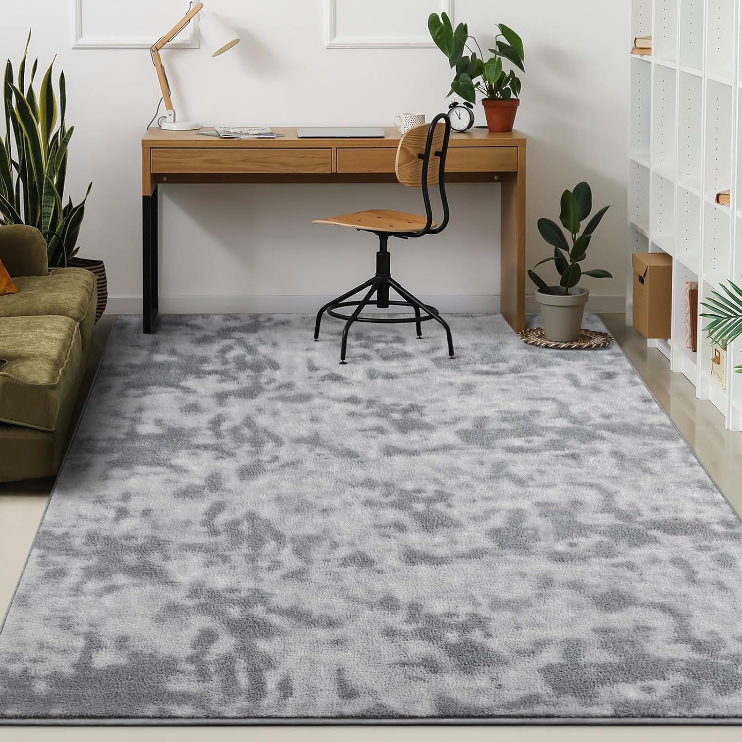 Kimicole 7x10 Washable Area Rugs for Living Room Bedroom, Large Low Pile Ulta-Thin Solid Color Rug, Non-Slip Soft Fluffy Carpet for Nursery Kids Room Dorm Room Home Decor (Light Grey)
