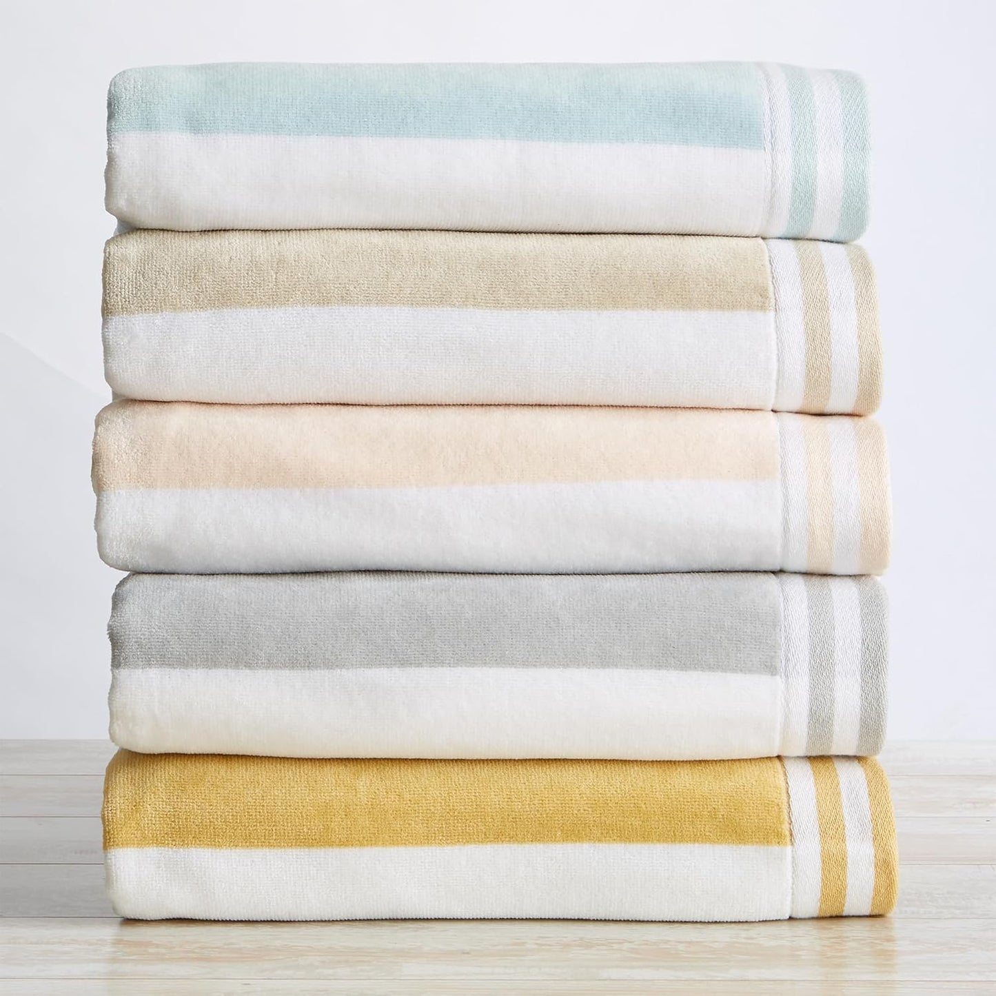 Great Bay Home 100% Cotton Velour 4 Pack Beach Towels 30" x 60" - Taupe Cabana Stripe Pool Towels - Quick Dry, Large Swim Towels