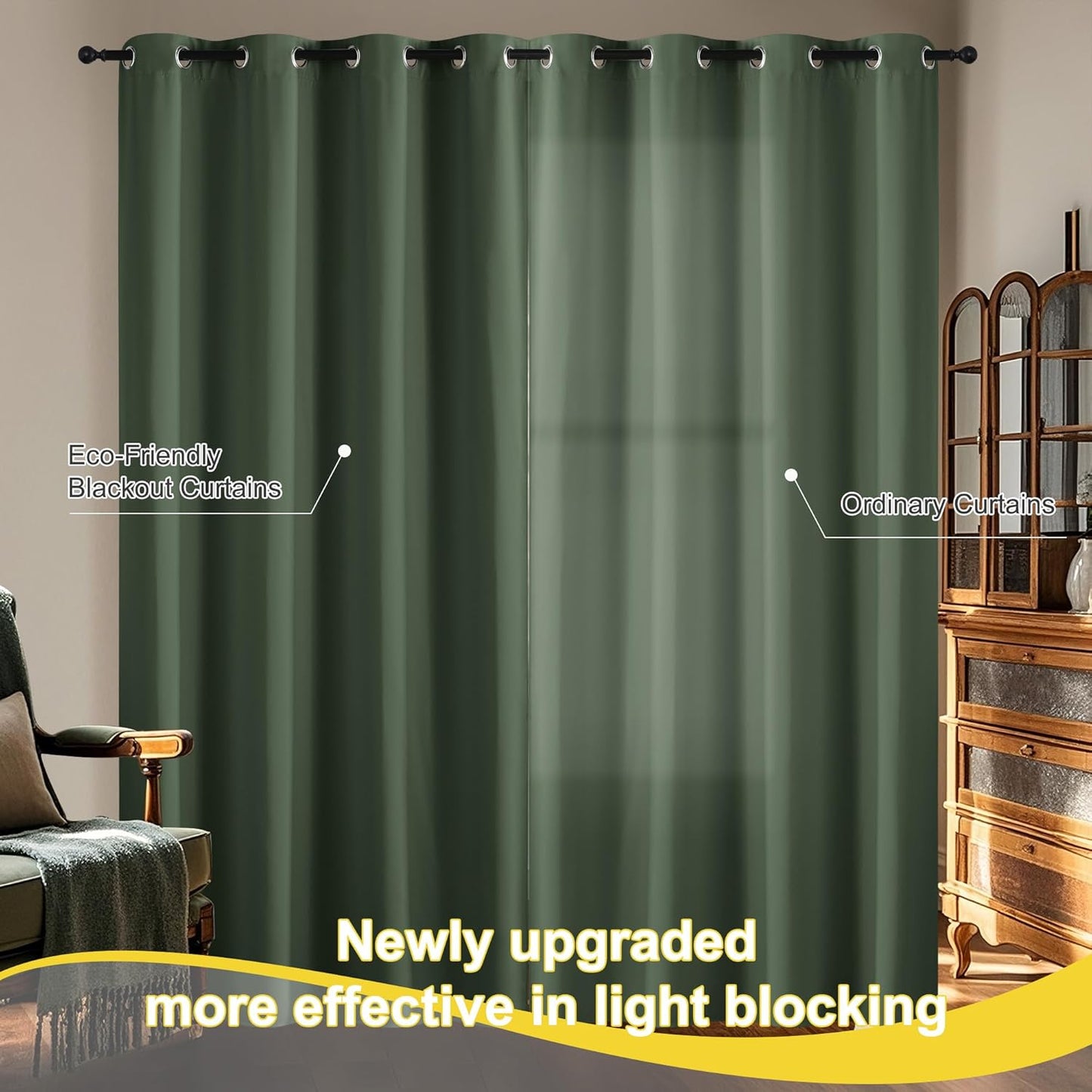 NICETOWN 100% Blackout Greyish Green Window Curtains 96 inches Long 2 Panels Set for Bedroom, Thermal Insulated Grommet Drapes, Room Darkening Curtain for Living Room(W52 x L96 Inch)