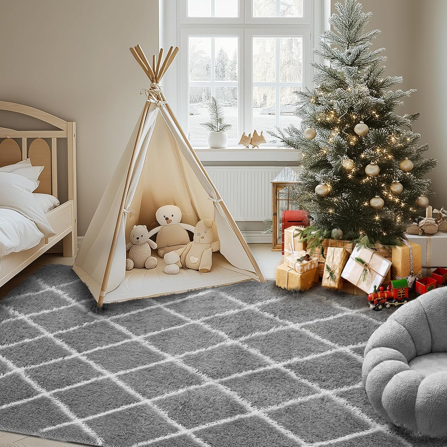 Fluffy Rug for Bedroom, 8X10Feet Stripe Checkered Rug Anti-Skid High Pile for Living Room Bedroom Kids Room Nursery, Dorm Home Decor