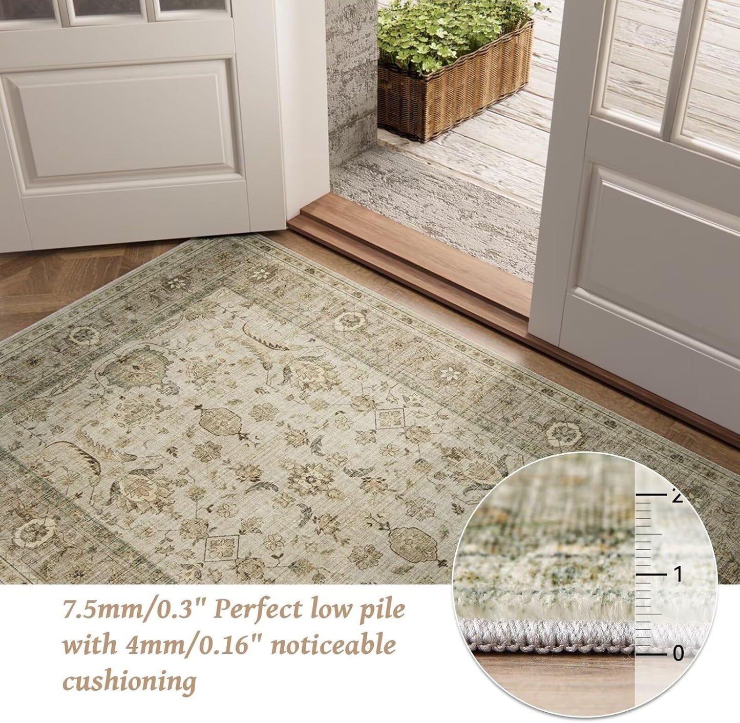 Washable 5x7 Area Rugs for Living Room, Boho Non-Slip Silicone Backing Rugs for Bedroom Dining Room Nursery Office, 0.3" Neutral Oriental Throw Carpet with 0.16" Cushioning Pad, Light Brown/Multi