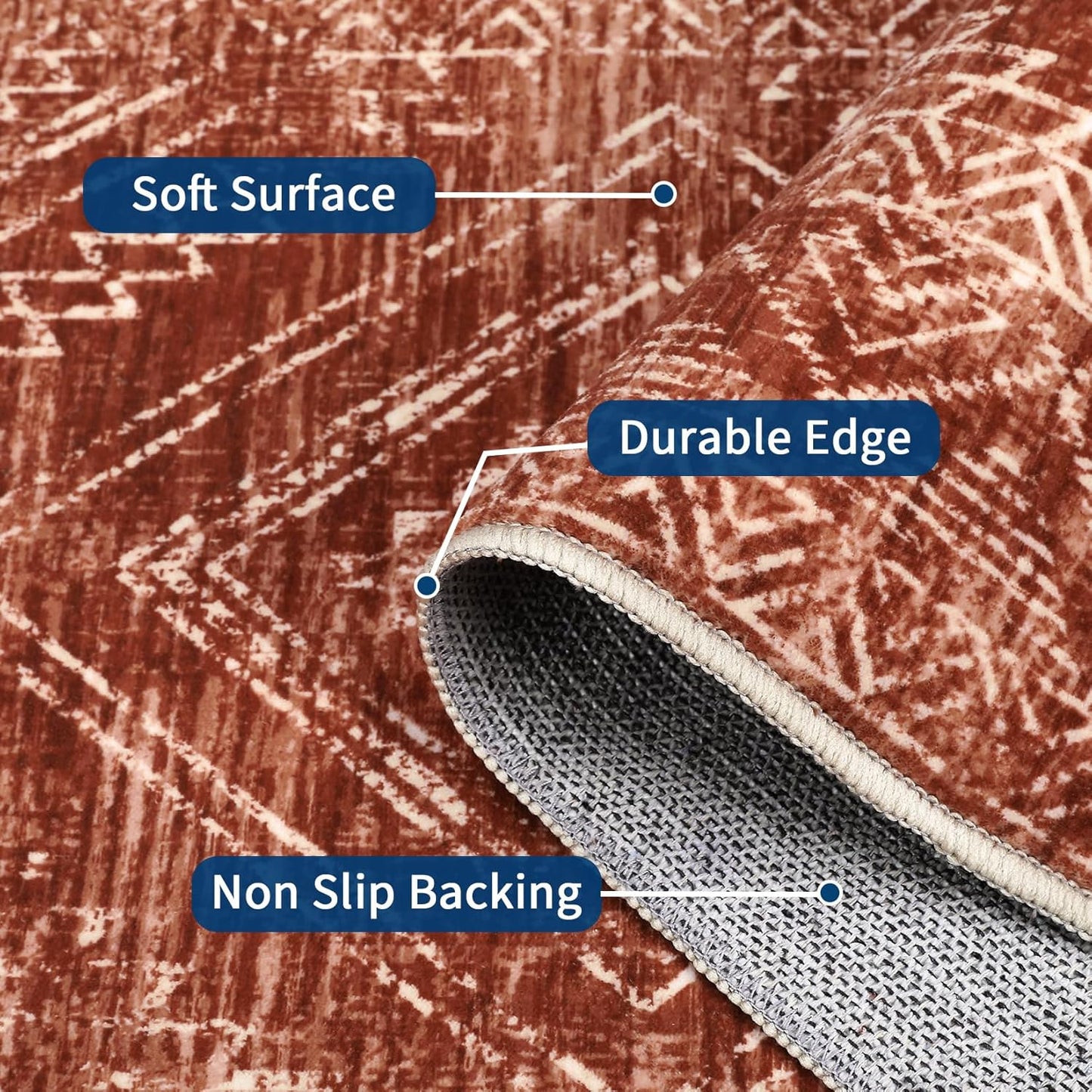 COZYLOOM 2x6 Rug Modern Indoor Area Rug Machine-Washable for Living Room or Hallway Softness Foldable Mat for Easy Storage Geometric Design Non Slip Rug Low Pile Stain Resistant Carpet, Brick Red