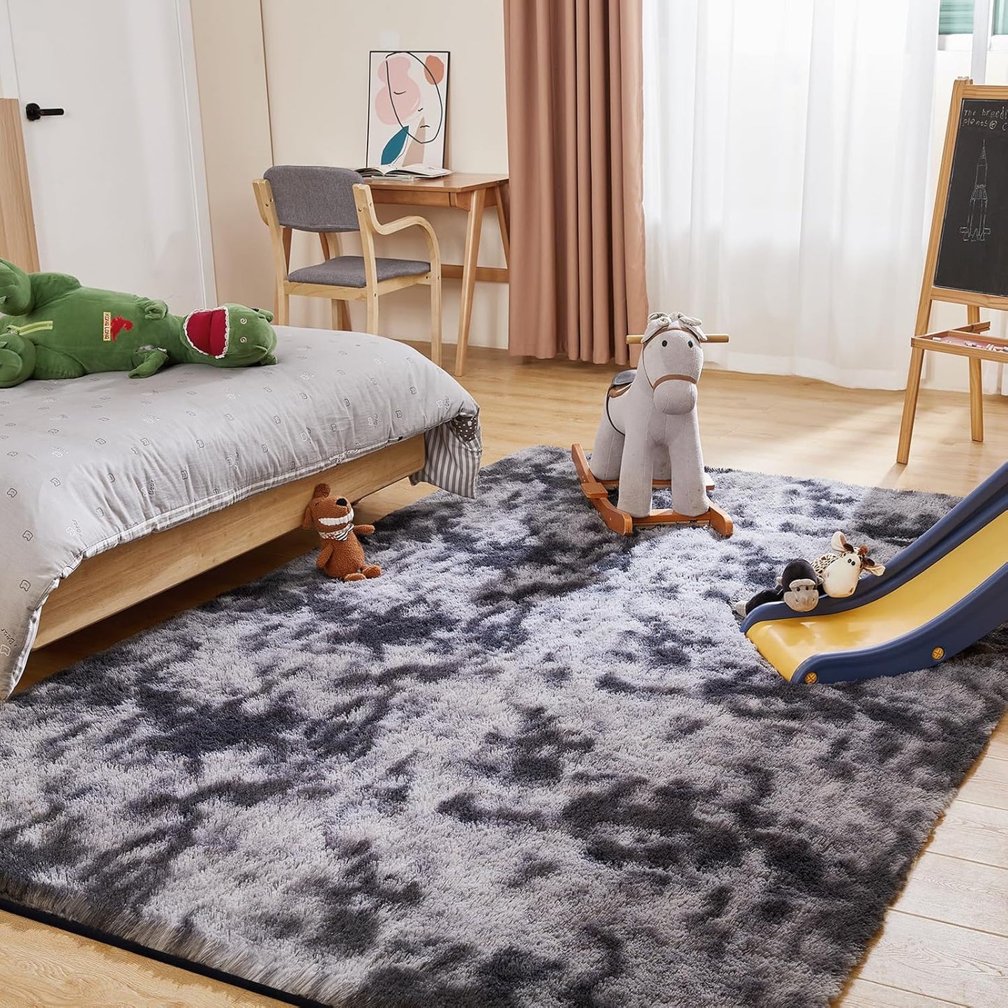 Fluffy Shag Area Rug, 4x6 Tie-Dyed Dark Grey Rugs for Bedroom, Soft Plush Area Rugs for Living Room, Non-Slip Indoor Carpet for Nursery, Study Room, Dressing Room, Home Decor
