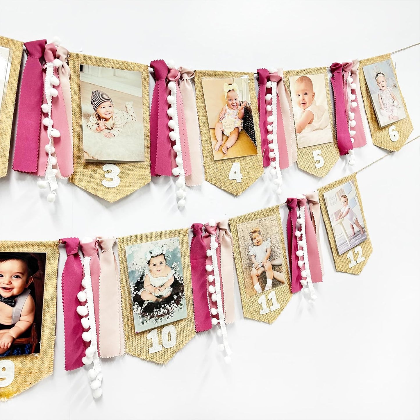 pinkblume 1st Birthday Burlap Photo Banner Garland Handmade Felt from Newborn to 12 Months with Gradient Dusty Pink Ribbon for Baby Girl First Birthday Monthly Milestones Party Decorations Supplies