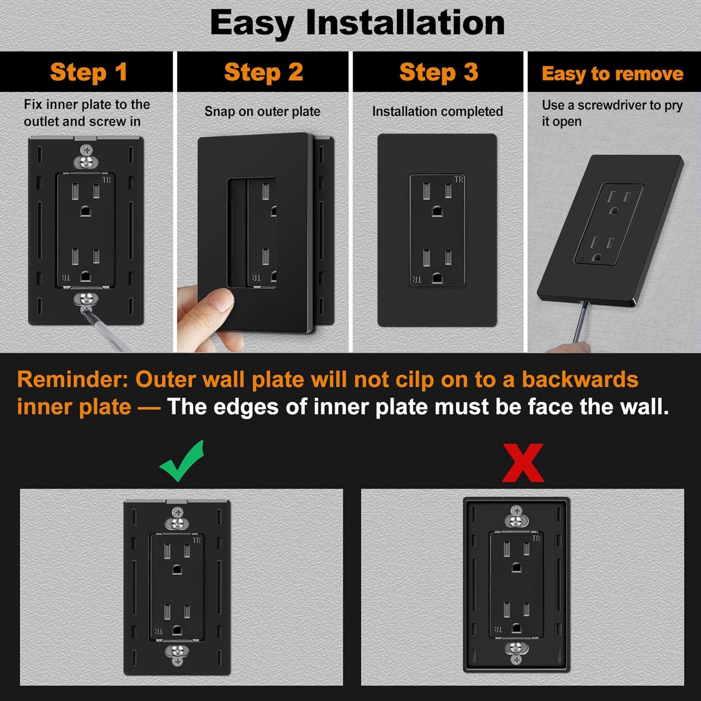 CML Black Screwless Wall Plates, 40 Pack Decorator Light Switch Covers, 1-Gang Decor Outlet Switch Plate, Standard Size 2.91”x4.68”, UL Listed, Glossy Finish