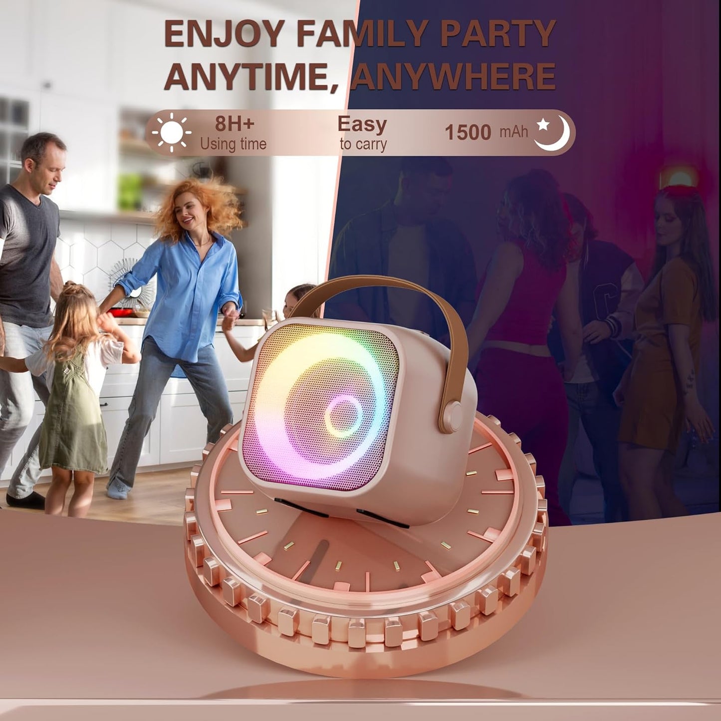 Mini Karaoke Machine, Portable Bluetooth Karaoke Speaker with 2 Wireless Microphones and Party Lights for Kids and Adults, Birthday Gifts for Girls Boys Family Home Party (Rose Gold)