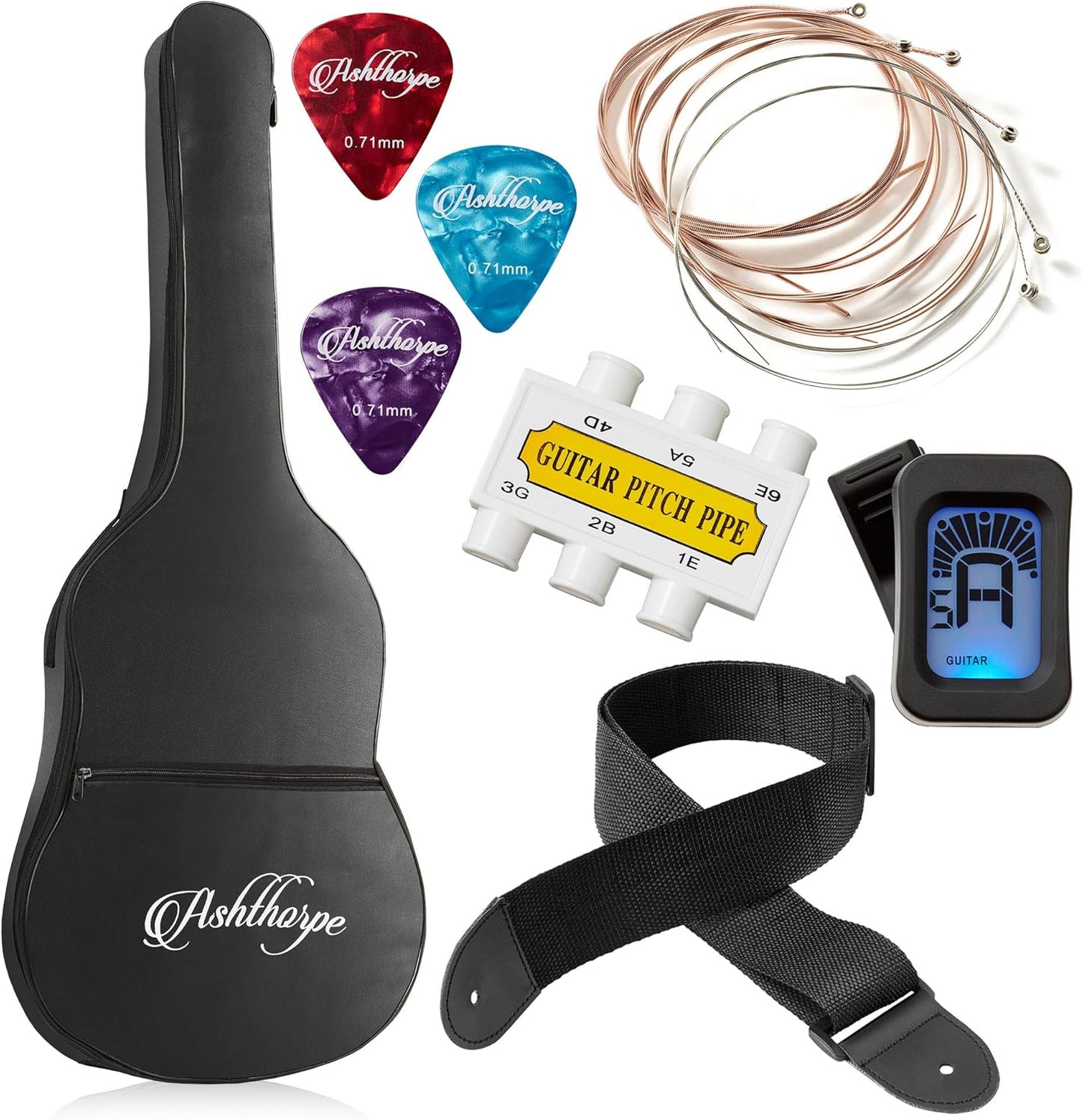 Ashthorpe 38-inch Beginner Acoustic Guitar Package (Black), Basic Starter Kit w/Gig Bag, Strings, Strap, Tuner, Pitch Pipe, Picks