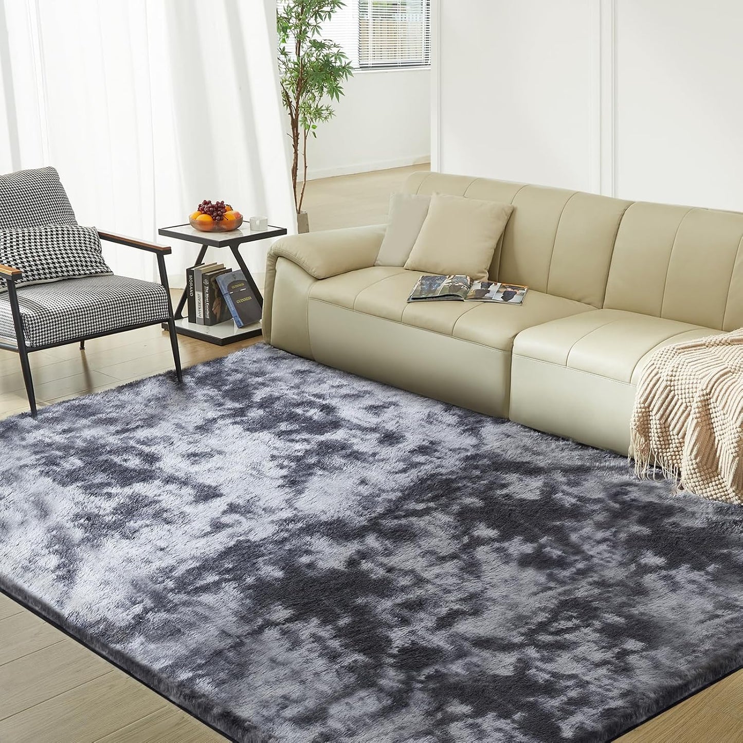 Ultra Soft Rug for Living Room, 8X10 Fluffy Shag Area Rug for Bedroom, Modern Shaggy Carpet Fuzzy Rug for Teens Dorm Nursery Home Decor Aesthetic, Upgrade Anti-Skid Durable, Tie Dye Black and Grey