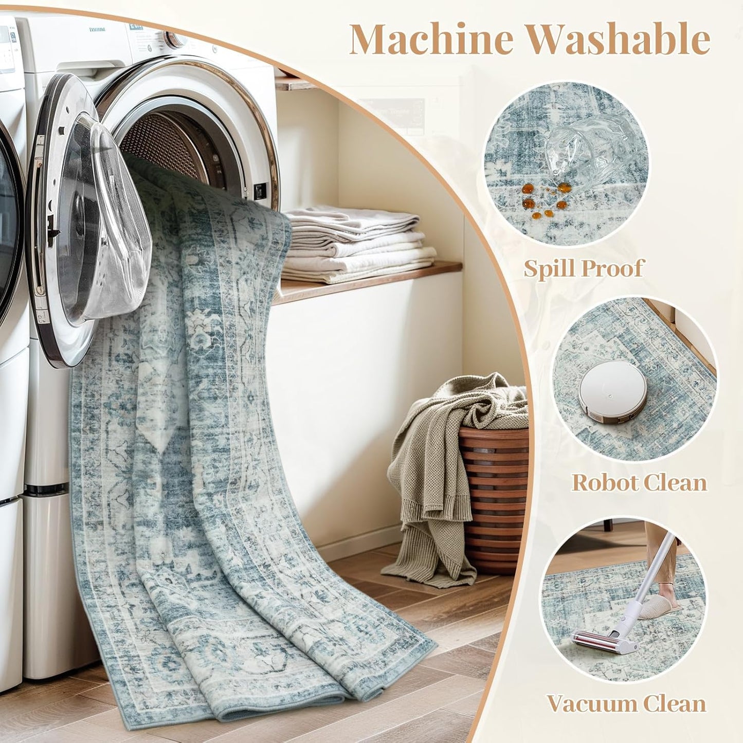 LIVEBOX Bedroom 4x6 Washable Area Rug for Entryway Kitchen, Non-Slip Soft Boho Rugs for Dining Room Office, Farmhouse Low-Pile Neutral Soft Carpet for Nursery Room Playroom, Blue