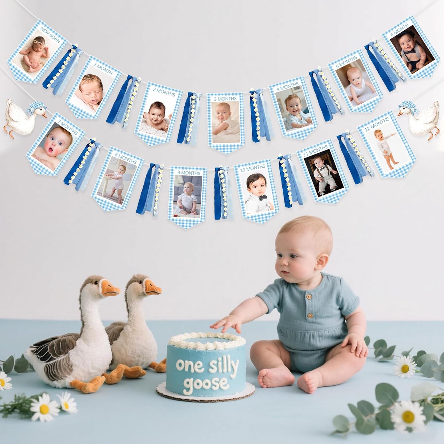 One Silly Goose 1st Birthday Photo Banner Garland from Newborn to 12 Months Paper Photo Banner with Gradient Blue Ribbon for Monthly Milestones Baby Boy First Birthday Party Decorations Supplies