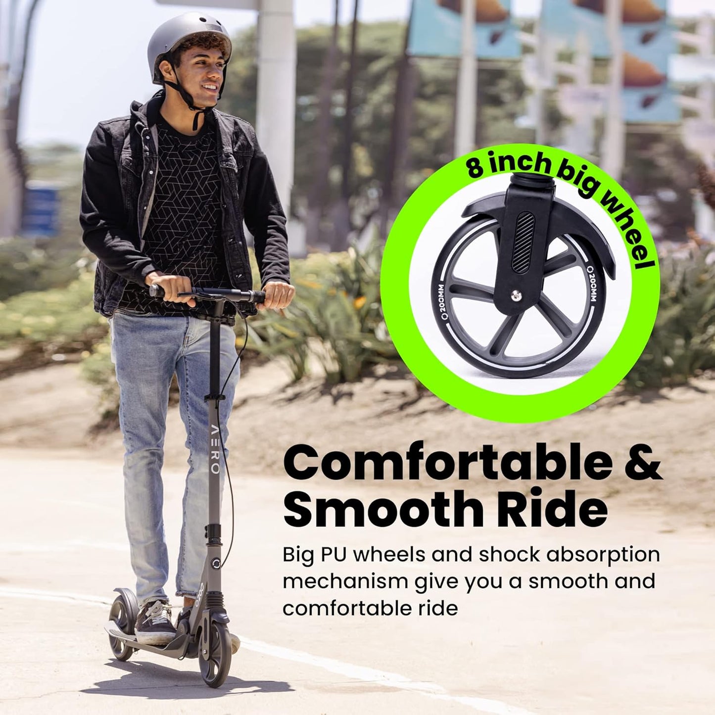 Aero Big Wheels Kick Scooter for Kids 6+, Teens & Adults | Light Up Wheels, Hand Brake, Rubber Deck Mat & Shock Absorption | Foldable & Height Adjustable