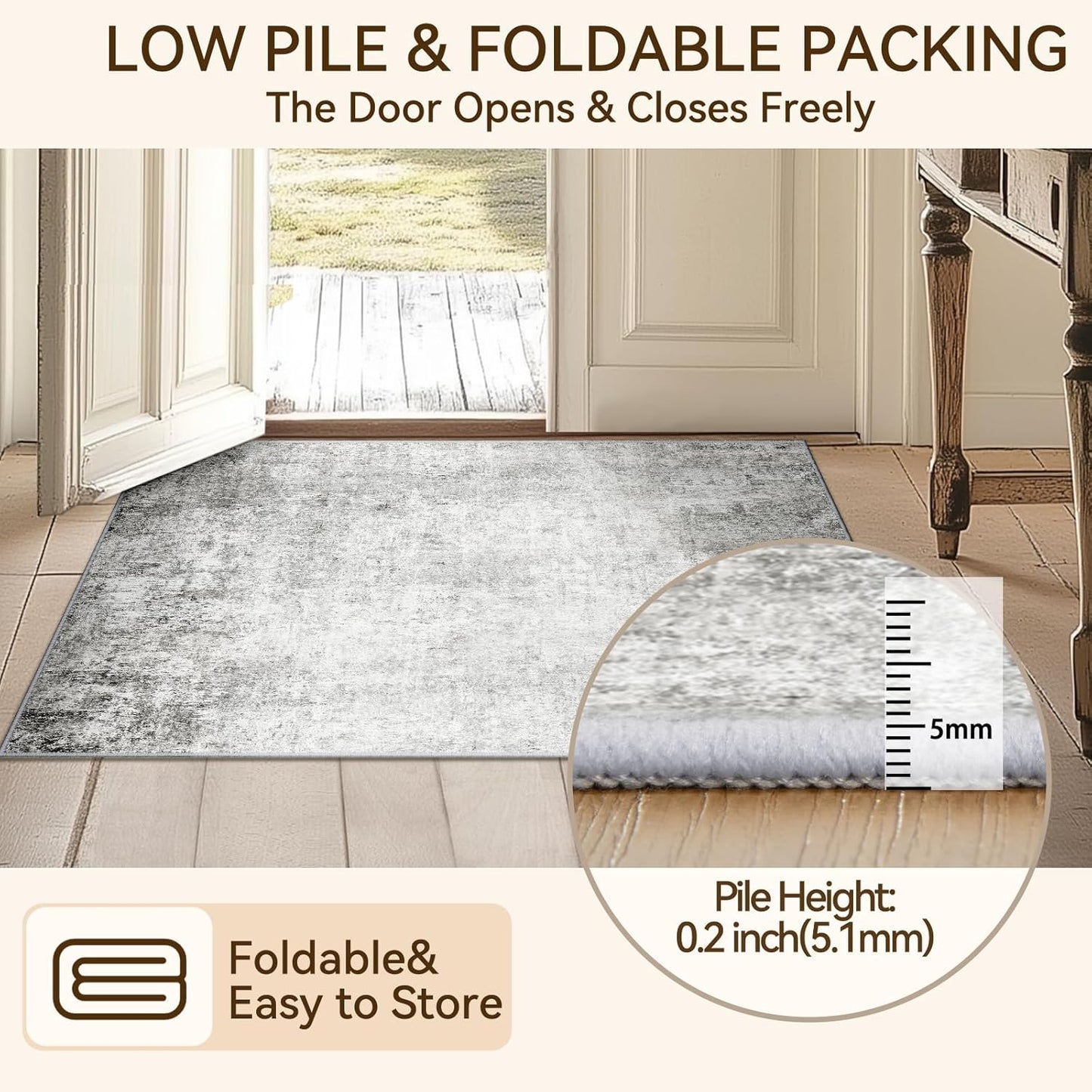 Washable Area Rugs 5'x8' Non-Slip Modern Abstract Soft for Living Room Entryway Bedroom Nursery, Print Pattern, Gray White Grey