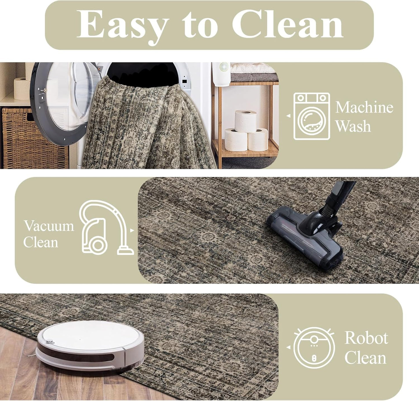 Washable Rugs 5x7 Area Rugs for Living Room, Thin Carpet for Bedroom, Soft Faux Wool Retro Dining Room Rug,Non Slip&Non-Shedding Resistant Low Pile Vintage Print Rug for Home Office (Brown)