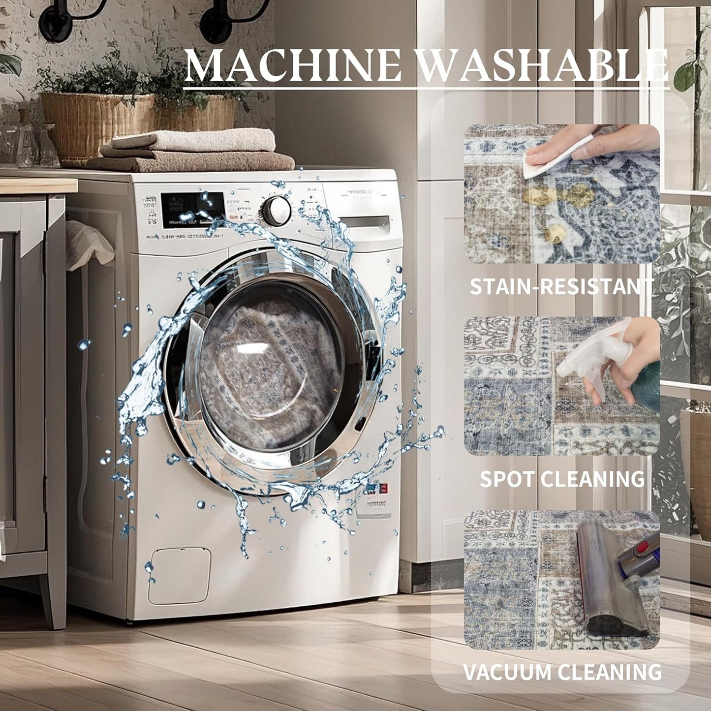 8x10 Area Rugs Washable: Oriental Soft Area Rug for Living Room Bedroom No Shedding - Low Pile Thin Carpet Rug for Dining Room Non Slip - Boho Vintage Rug for Home Decor - Blue Grey
