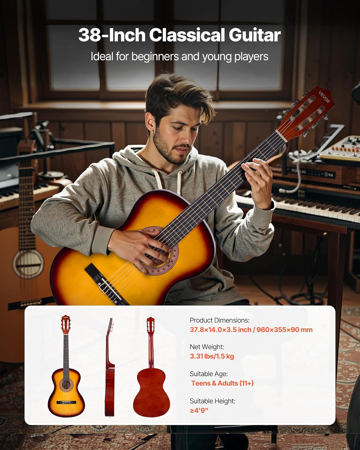 VEVOR Acoustic Guitar, Classical Guitar Starter Kit for Beginners, with Nylon Strings, Basswood Guitar, for Kids Adults Girls Boys Students