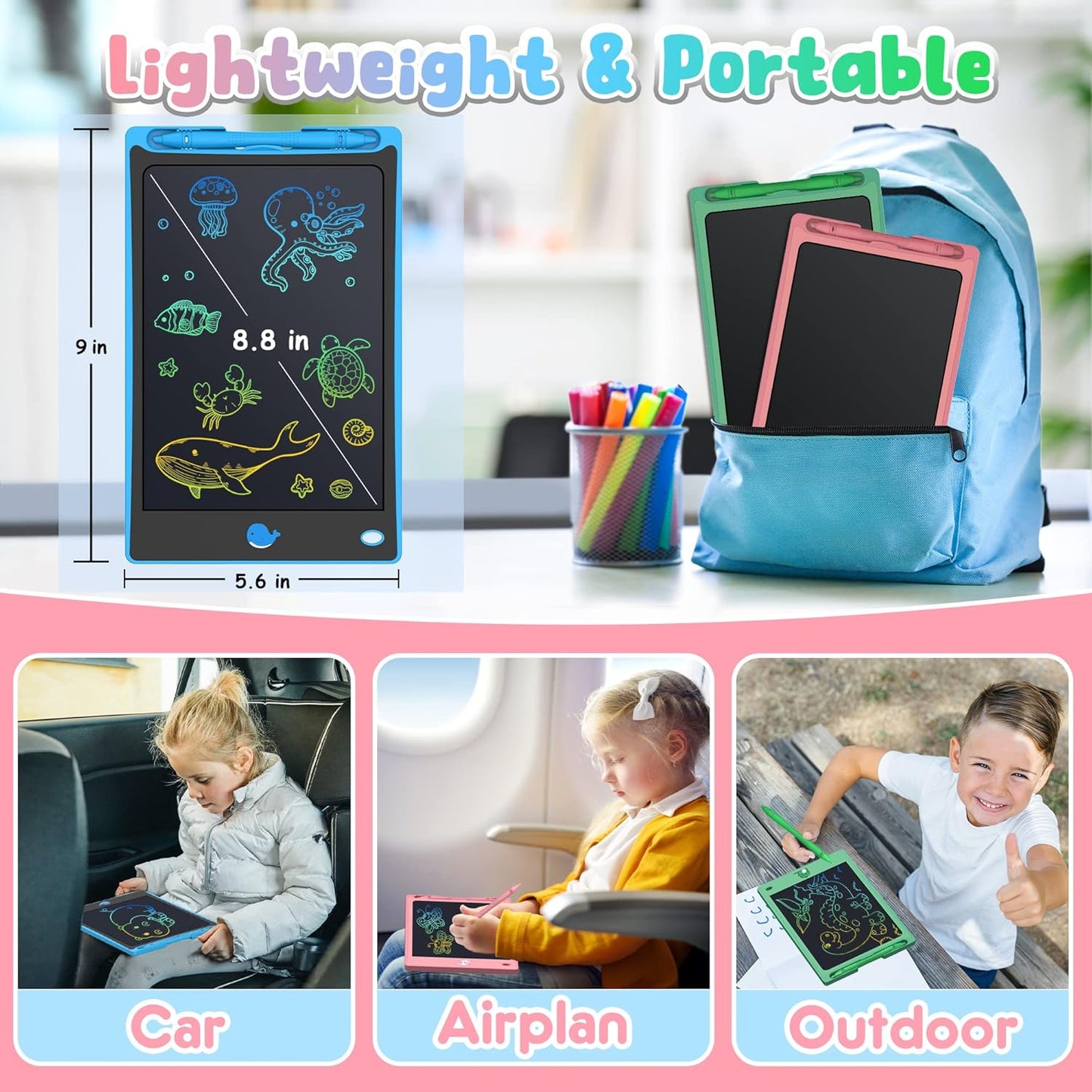 FLUESTON LCD Writing Tablet for Kids,Drawing Tablet for Boys Girls 3 4 5 6 7 8 Year,8.8 Inch 3pcs in 1 Pack Drawing Pad Toy Birthday Gifts for Toddler, Educational Doodle Board Cute Dinosaur Unicorn