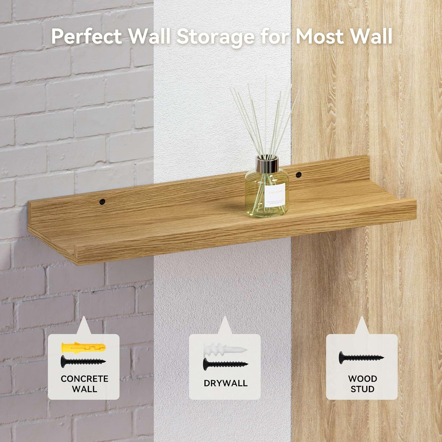 35.3 Inches Long Floating Shelves, 2 Set Rustic Wall Shelf for Bedroom, Nursery Book Shelf with Lip, Picture Ledge Shelf for Wall Decor Living Room Bathroom Kitchen - Oak