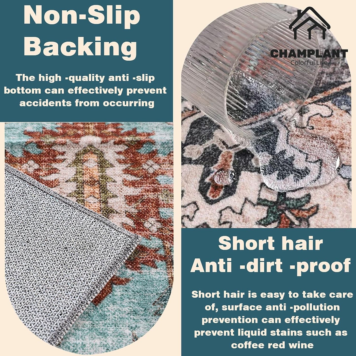 Washable Area Rug 8'x10' Cyan Khaki Retro Boho Design Non-Shedding Non-Slip Easy Care Ideal for High Traffic Areas in Living Room Bedroom Office Coffee Table Kitchen Large Carpet