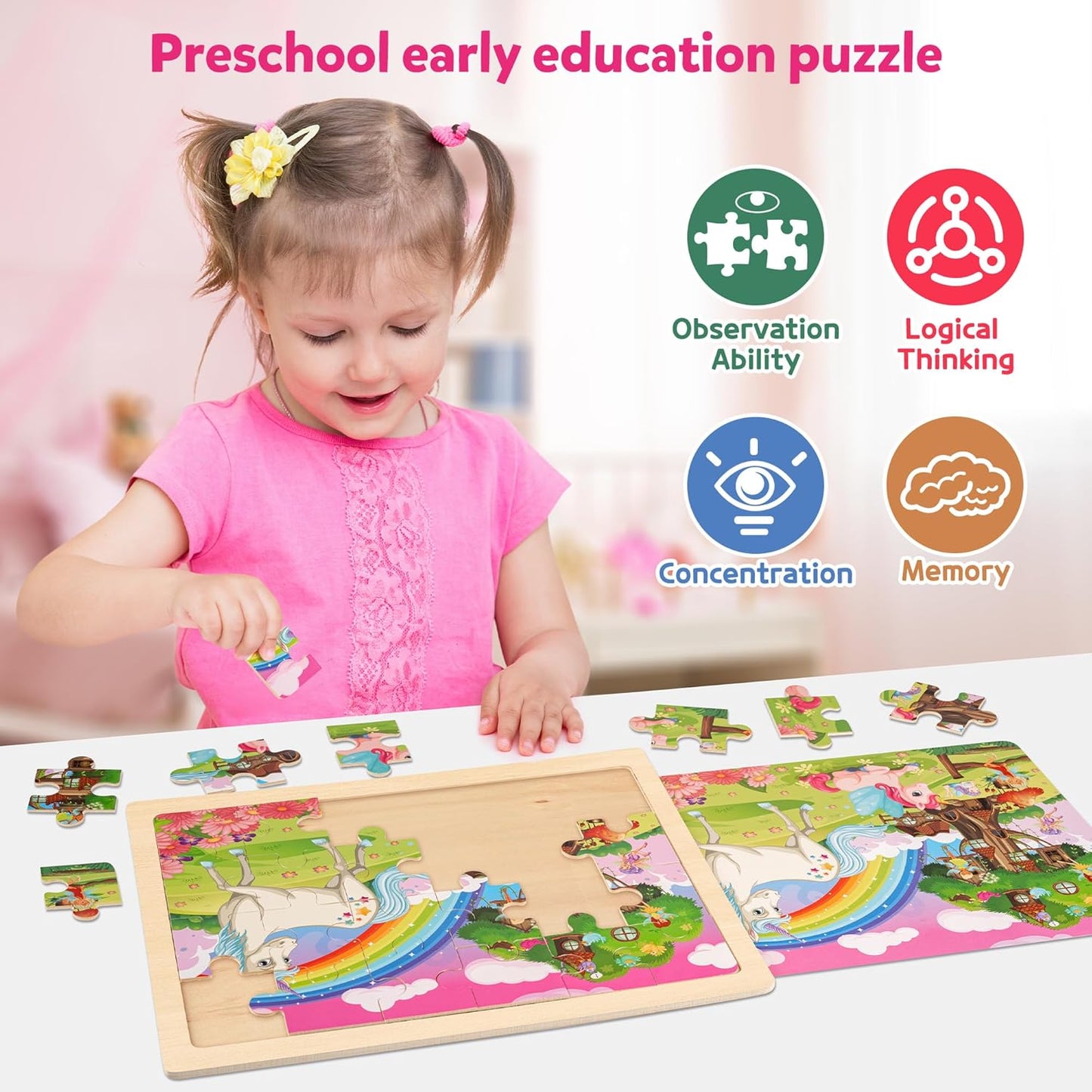 SYNARRY Large Unicorn Princess Fairy Wooden Puzzles for Girls Gift Box(12.2*9.4 in) - FSC Certified, 24 Pcs Puzzles for Kids Ages 4-6, Puzzles for Toddlers 3-5, Unicorn Toys Gifts for 3 4 5 Year Old