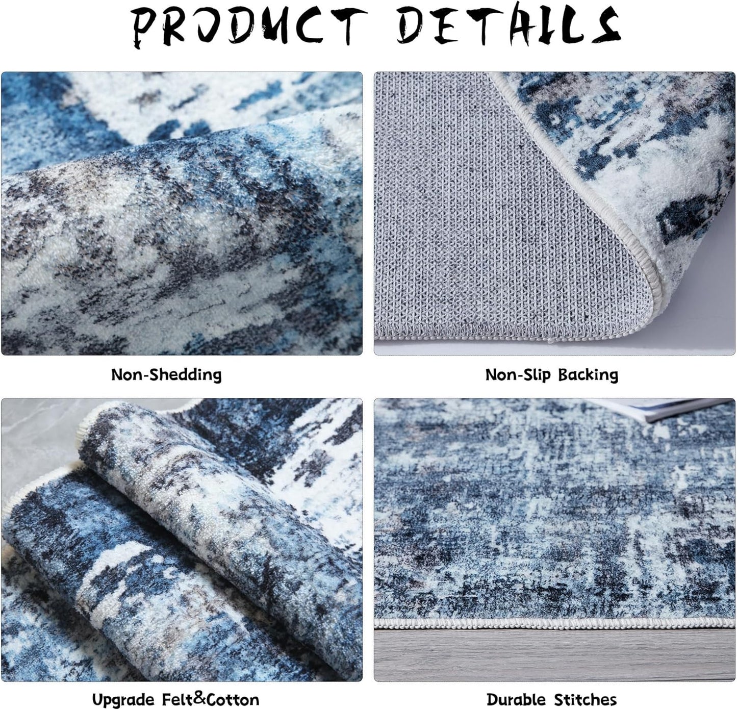 6x9 Rug Washable Bedroom Rug Large Boho Rug Soft Area Rug Abstract Pattern Non-Slip Non-Shedding Faux Wool Vintage Rug for Living Room, Farmhouse, Dining Room, Kids Playroom, Blue