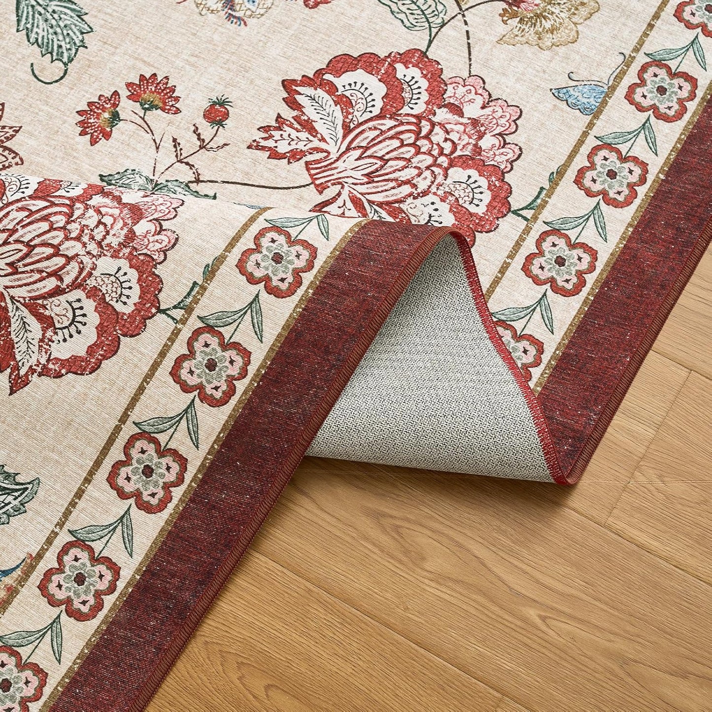 jinchan 6ft Floral Round Rug for Dining Room Washable Living Room Rug Vintage Romance Design Non Slip Indoor Floor Cover Lightweight Low-Profile Throw Carpet for Bedroom Porch Patio, Red/Beige