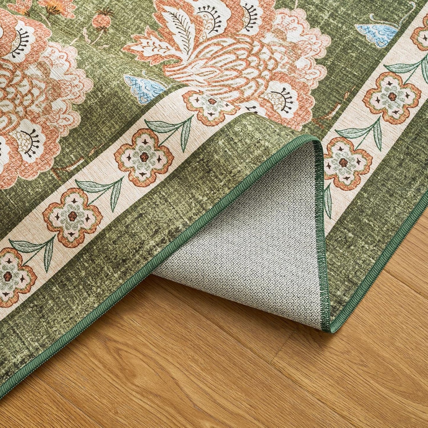 jinchan 2x3 Floral Rug for Entryway Washable Kitchen Rug Vintage Romance Design Small Mat Non Slip Indoor Doormat Lightweight Low-Profile Throw Carpet for Entrance Bathroom Laundry Room, Green