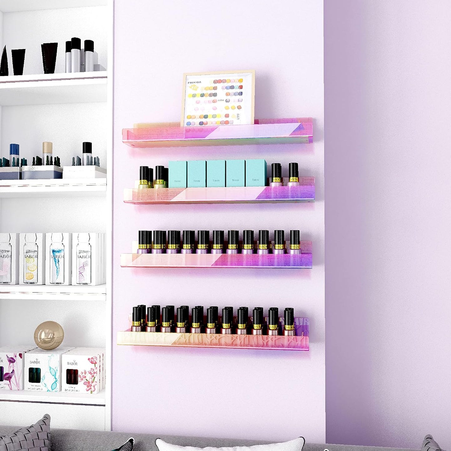 8 Pack 15 Inch Iridescent Acrylic Shelves, Clear Rainbow Kids Floating Bookshelf for Kids Room, Modern Sunglasses Essential Oil Picture Ledge Display Toy Storage Wall Shelf