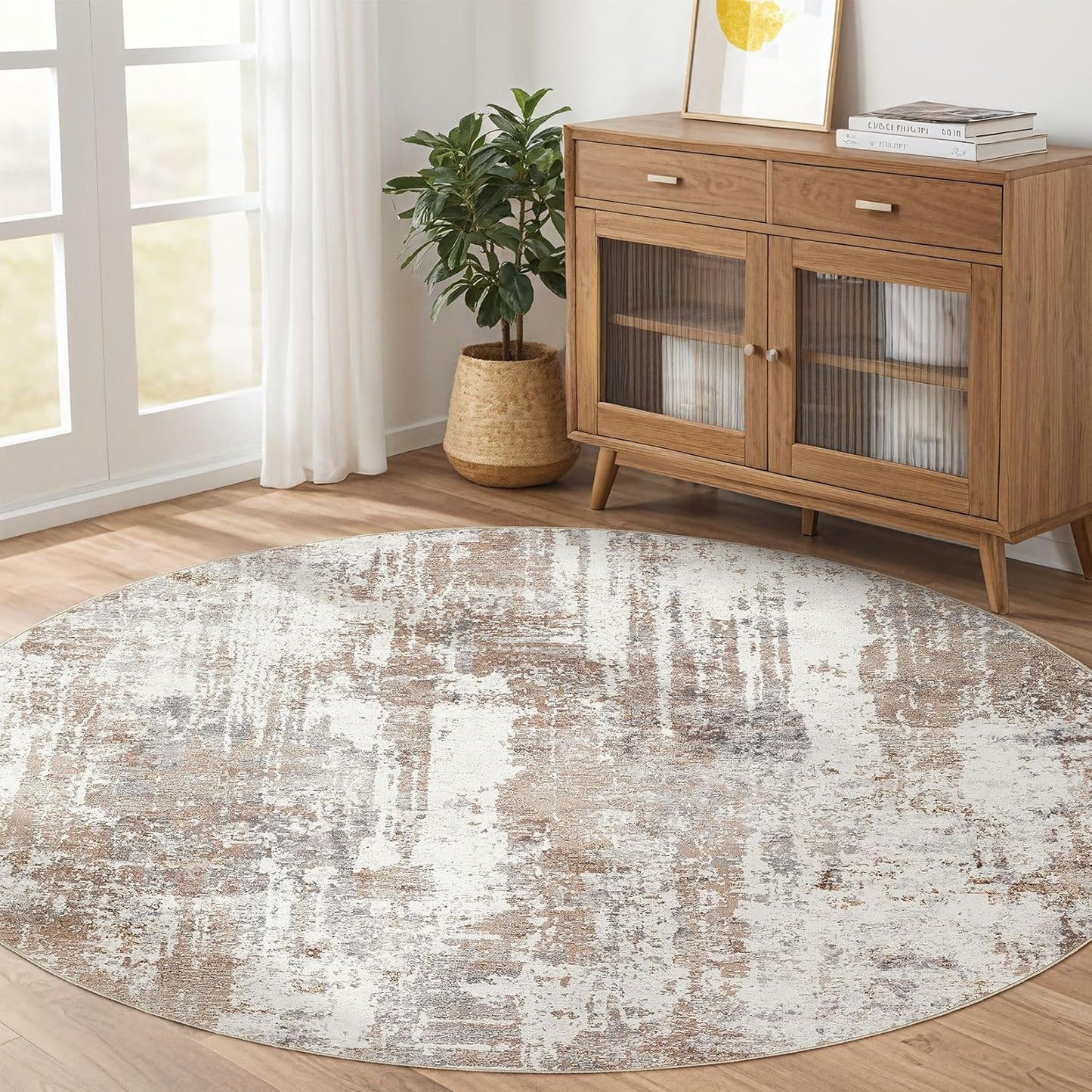 Round Rug Living Room Rugs: 5Ft Washable Circle Large Abstract Modern Soft Stain Resistant Non Slip Indoor Floor Carpet for Bedroom Nursery Office Dining Room Dorm Home House Decor- Brown