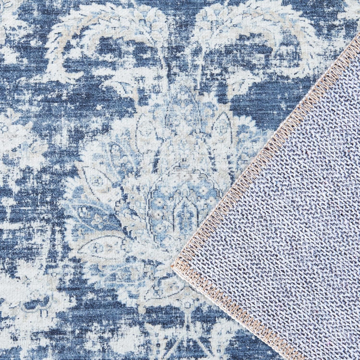 jinchan Hallway Runner Rug 3x8 Machine Washable Runner Rug Dark Blue Vintage Floral Design Non-Slip Low Pile Ultra-Thin for Kitchen Laundry Room Bedroom Farmhouse (3‘x8',Dark Blue)