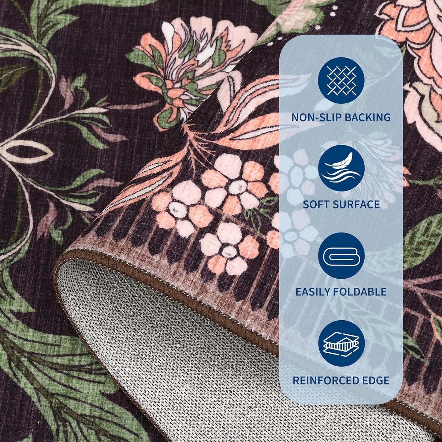 GarveeHome Plum Pink Floral Botanical Washable 8x10 Area Rug for Living Room Soft Black Purple Vintage Boho Cottage Large Rugs Low Pile Carpet for Bedroom Dining Nursery Rug